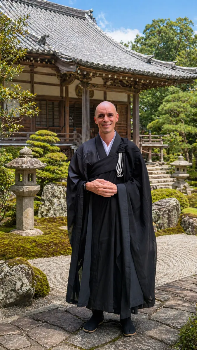 Monge Butsukei em pé no jardim de pedras do templo