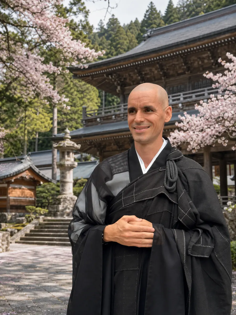 Monge Butsukei diante do templo, sob as cerejeiras em flor